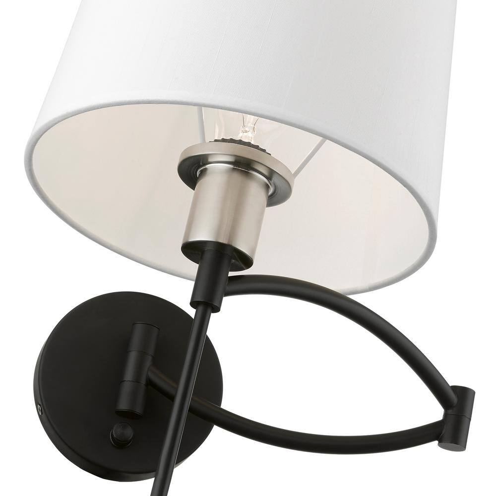 Black and Brushed Nickel Swing Arm Wall Lamp with Off-White Shade