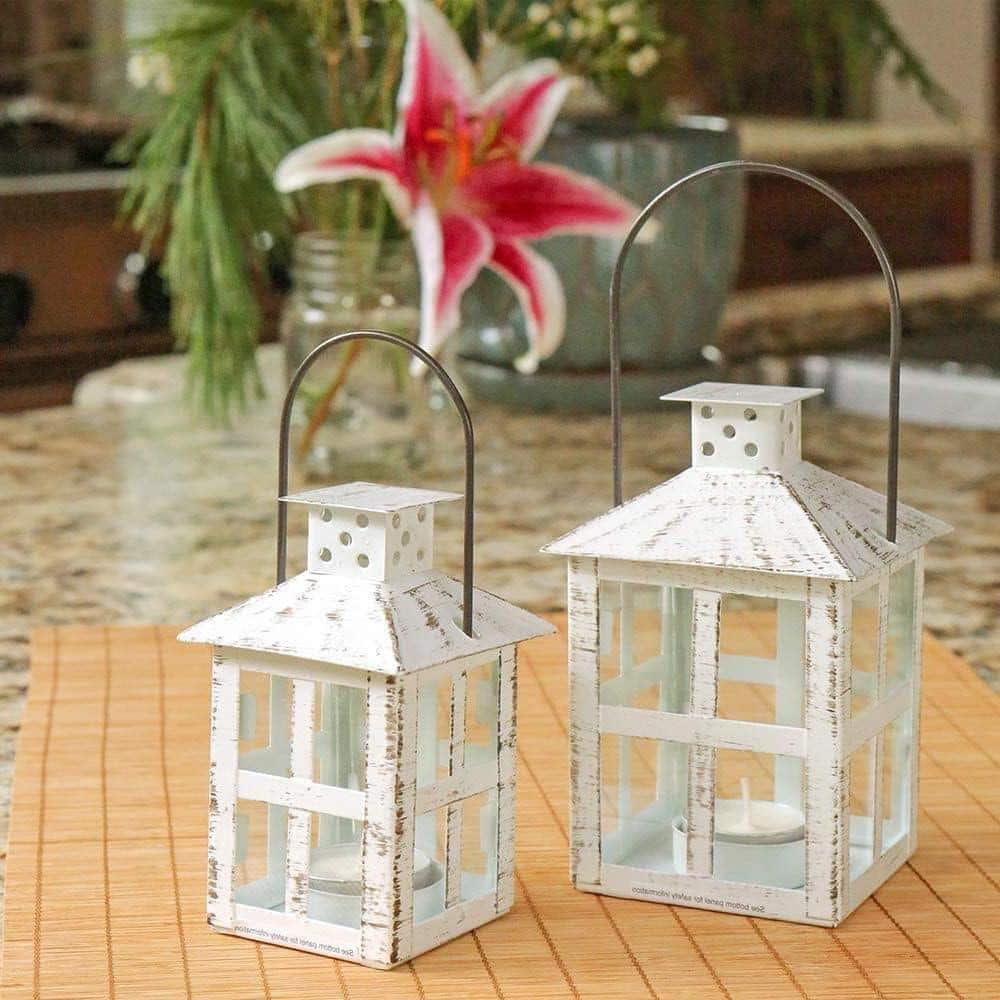 6.8 in. x 2.5 in. White Metal Farmhouse Lantern without Candle