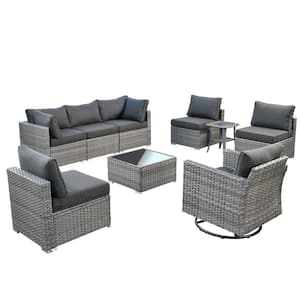 Sanibel Gray 9-Piece Wicker Outdoor Patio Conversation Sofa Sectional Set with a Swivel Rocking Chair and Black Cushions