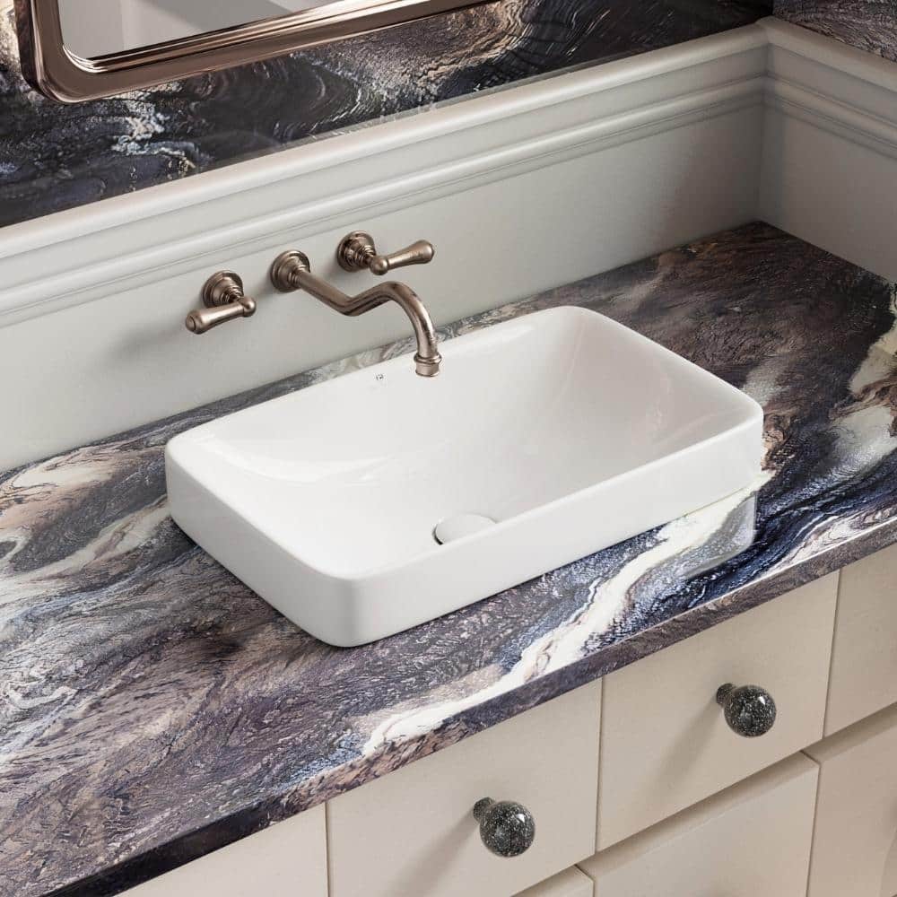 Glossy White Ceramic Rectangular Drop-In Bathroom Sink