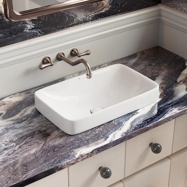 19 in. x 12 in. Drop-In Bathroom Sink with Pop-Up Drain, White Ceramic Semi-Recessed Vessel Sink Without Overflow