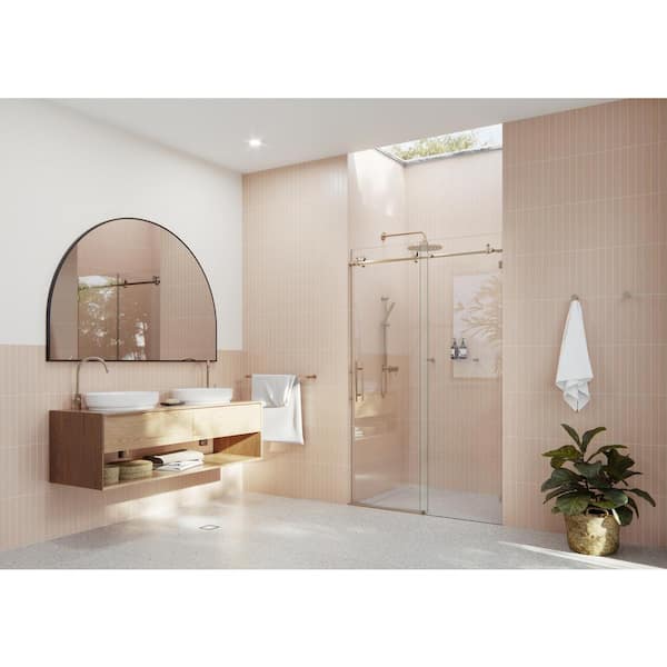 Glass Warehouse Eclipse 44 in. - 48 in. W x 78 in. H Frameless Sliding Shower Door in Brushed Bronze with Handle