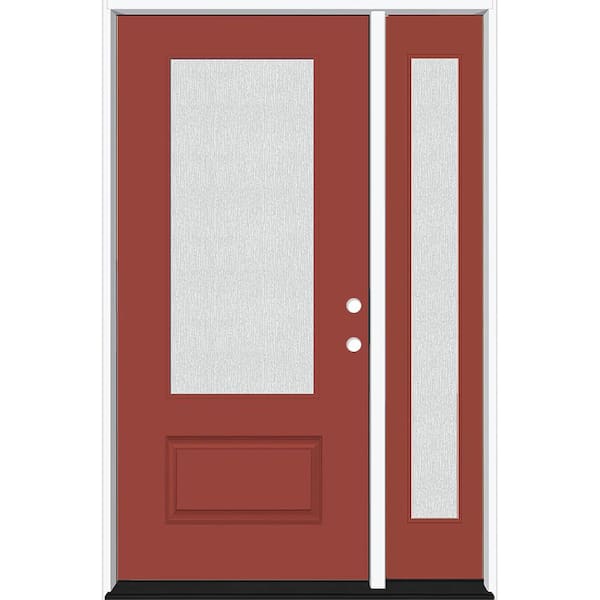 Legacy 53 in. W. x 80 in. 3/4-Lite Rain Glass LHIS Primed Morocco Red Finish Fiberglass Prehung Front Door 14 in. SL