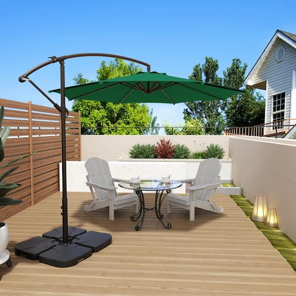 Bayshore Outdoor 10 ft. Hanging Offset Cantilever Patio Umbrella with Easy Crank Lift and Base Weights in Dark Green