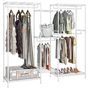 White Metal Garment Clothes Rack with Shelves 74.4 in. W x 76.8 in. H