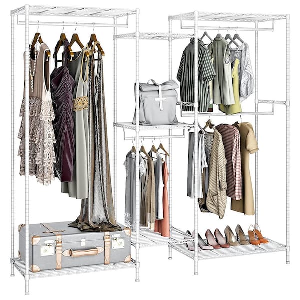Unbranded White Metal Garment Clothes Rack with Shelves 74.4 in. W x 76.8 in. H