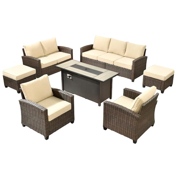 Palermo Brown 7-Piece Wicker Outdoor Modular Patio Furniture Sofa Set with Metal Fire Pit and Beige Cushions