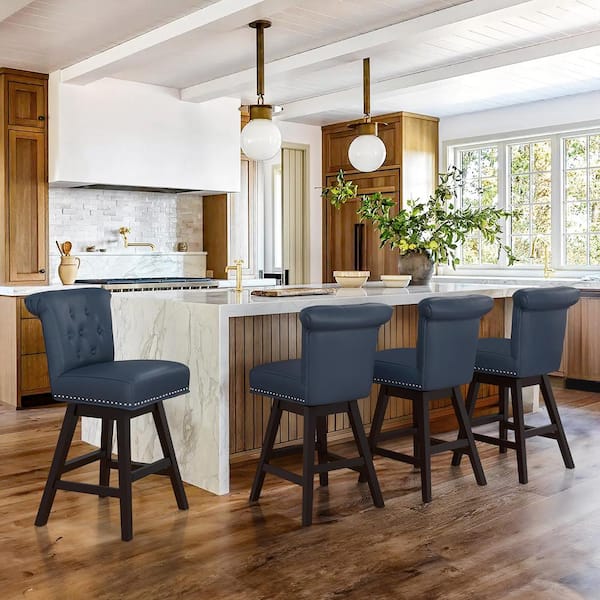 cozyman 26 in. Navy Blue Faux Leather Swivel Barstool Solid Wood Counter Stool Nail Head Trim and Tufted Backrest Set of 4