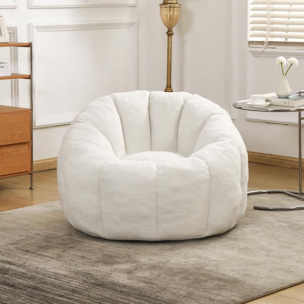 White Faux Fur Bean Bag Chair with Armrests, Memory Foam Filled Lounge Chair for Living Room or Bedroom