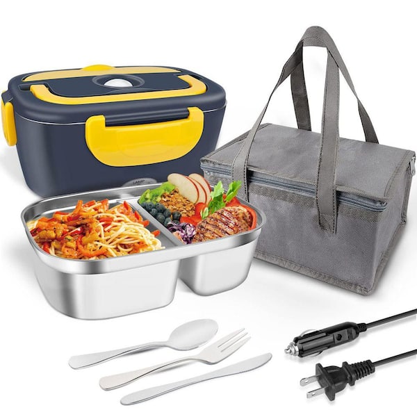 80W Black Electric Lunch Box Food Warmer, 12/24/110V for Car &Home, Stainless Steel Heated Food Container w/ Tableware