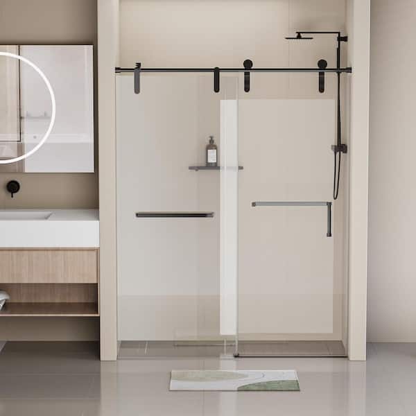 Xspracer Moray 60 in. W x 76 in. H Frameless Stainless Steel Single Sliding Shower Door in Matte Black Tempered Clear Glass