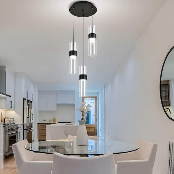 Jasslynn 40 Watt 3 Light Matte Black Modern Pendant Light with Cylinder Glass Shade, No Bulbs Included