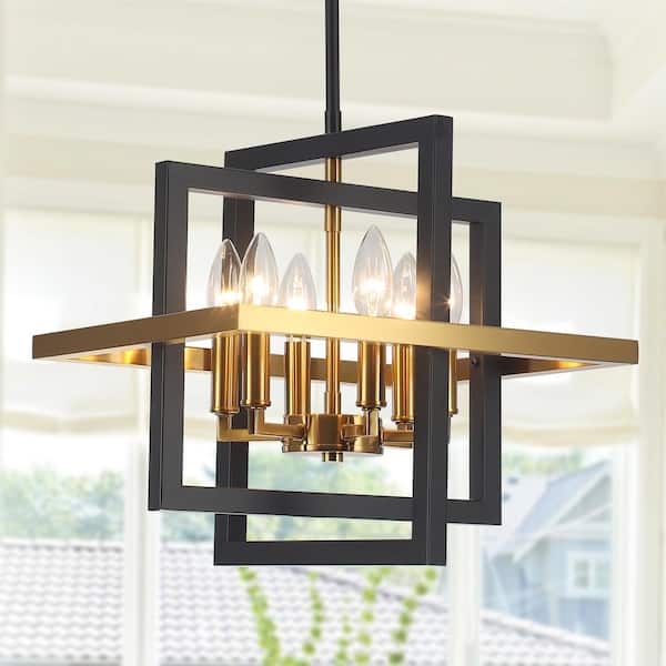6-Light Black and Gold Industrial Geometric Chandelier Adjustable Height Rectangle Pendant Light for Dining Room