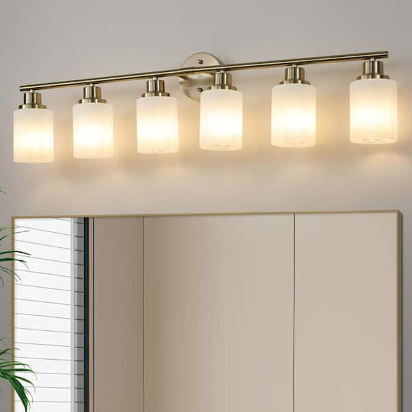 38.6 in. 6-Light Gold Bathroom Vanity Light Fixture with Frosted Glass Shades
