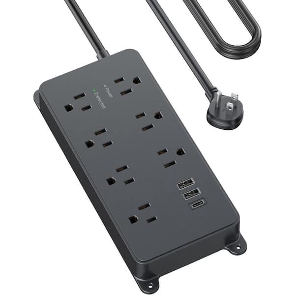 EKIEUDL 5-Outlet Power Strip Surge Protector with 3 USB Ports Wall Mountable and 15 ft. Extension Cord in Black