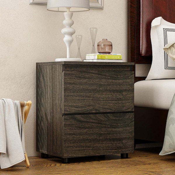 FUFU&GAGA 2-Drawer Dark Gray Wood Grain Nightstands Side Table Bedside Table 18.9 in. H x 15.7 in. W x 11.6 in. D
