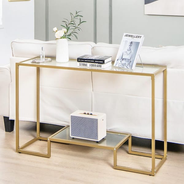 Costway 48 in. Gold Rectangle Glass 2-Tier Console Table Entryway