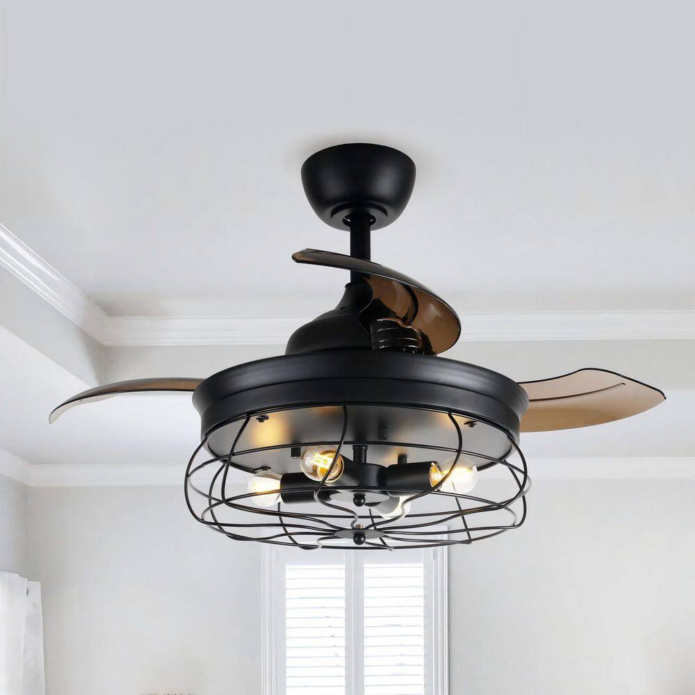 36 in. Matte Black Industrial 3-Speed Retractable Cage Ceiling Fan with Light Kit and Remote Control price history on PriceWatchPro