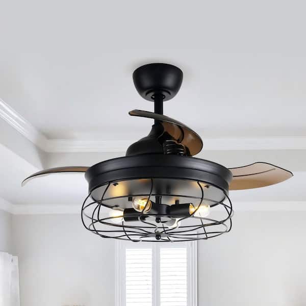 36 in. Matte Black Industrial 3-Speed Retractable Cage Ceiling Fan with Light Kit and Remote Control