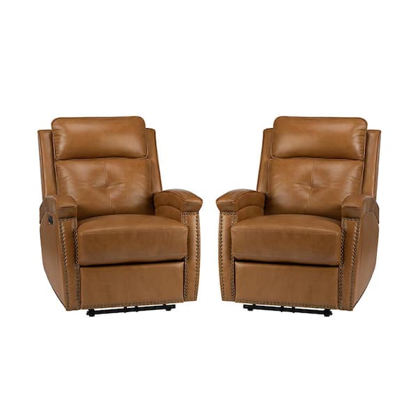 JAYDEN CREATION Hermann Camel Genuine Leather Power Recliner With Bronze Nailhead Trim Set of 2
