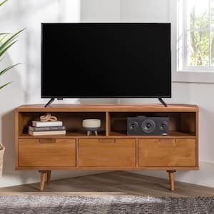 52 in. Caramel Solid Wood Mid Century Modern Corner TV Stand with 3-Drawers Fits TVs up to 58 in.