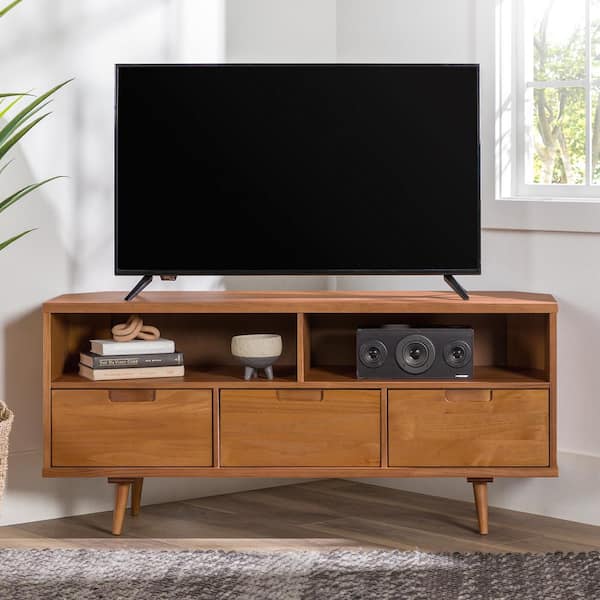 Welwick Designs 52 in. Caramel Solid Wood Mid Century Modern Corner TV Stand with 3-Drawers Fits TVs up to 58 in.