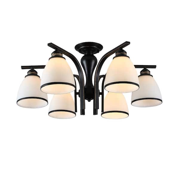 OUKANING 26.7 in. 6-Light Black Modern Chandelier with Glass Shade, No Bulbs Included, for Dining Room, Bedroom, Living Room
