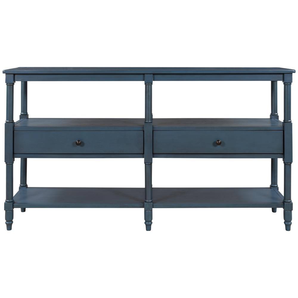 57 in. Navy Blue Standard Rectangle Wood Console Table with 3Tier Open