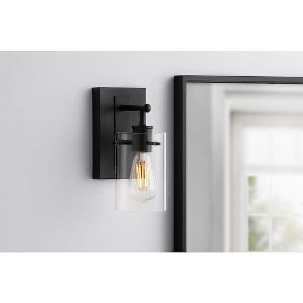 Hampton Bay Regan 4.5 in. 1-Light Matte Black Bathroom Vanity Light with Clear Glass Shades