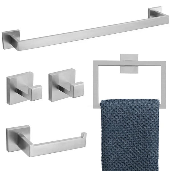 Unbranded 5-Piece Bath Hardware Set with 24 in. Towel Bar, Towel Ring, Toilet Paper Holder and 2 Towel Hooks in Brushed Nickel