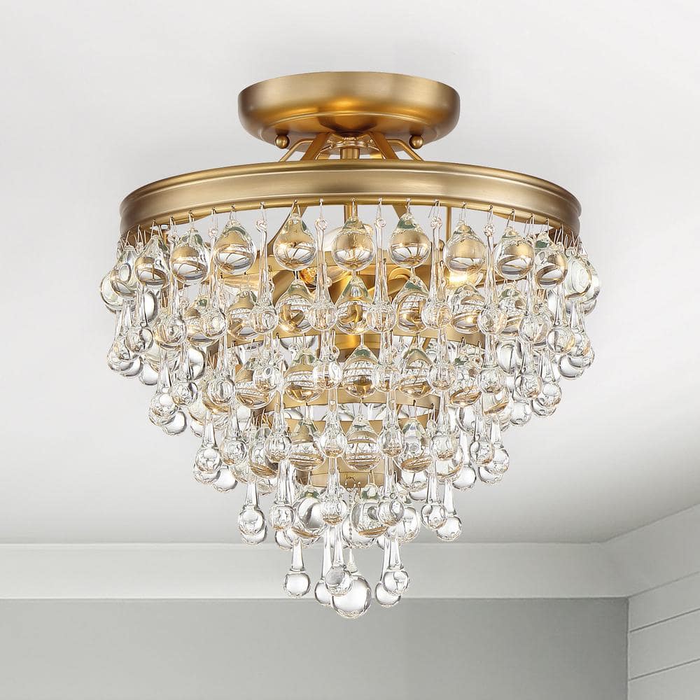 Vibrant Gold Crystal 3-Light Ceiling Mount with Clear Glass Drops