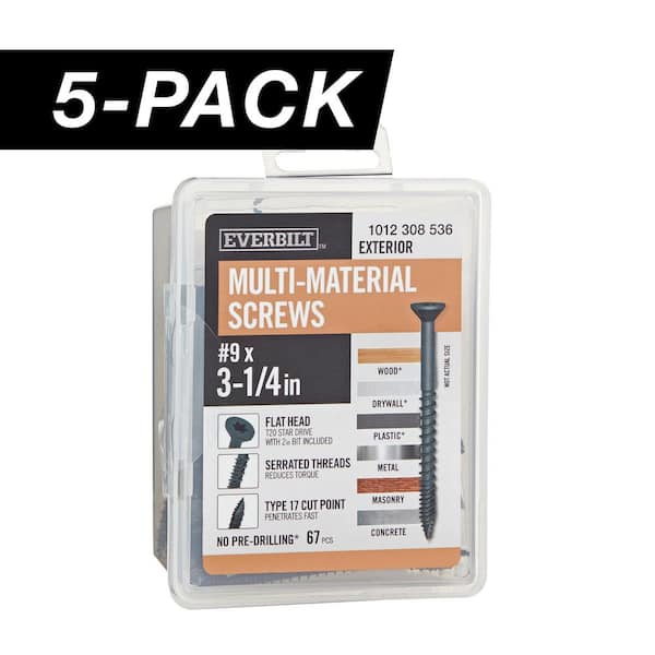 5-Pack #9 x 3-1/4 in. Black 6-Lobe Star Drive Exterior Flat Head Multi-Material Screw (5 lbs. / 335-Piece)
