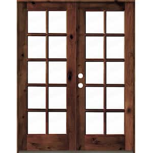 64 in. x 80 in. French Knotty Alder Wood 10-Lite Clear Glass red mahogony Stain Right Active Double Prehung Front Door