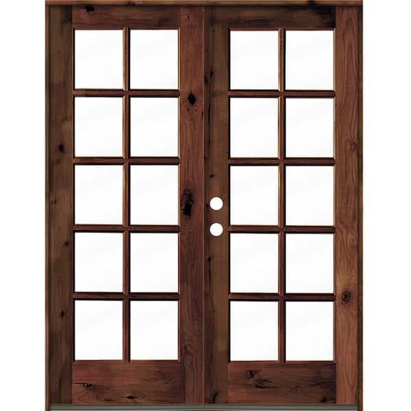 Krosswood Doors 64 in. x 80 in. French Knotty Alder Wood 10-Lite Clear Glass red mahogony Stain Right Active Double Prehung Front Door