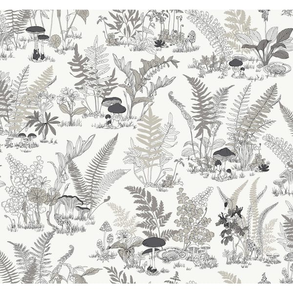 York Wallcoverings Mushroom Garden Toile White Black and Grey Wallpaper Roll