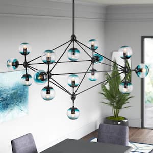 Machael 15-Light Black Modern Blue Glass Globe Bubble Chandelier