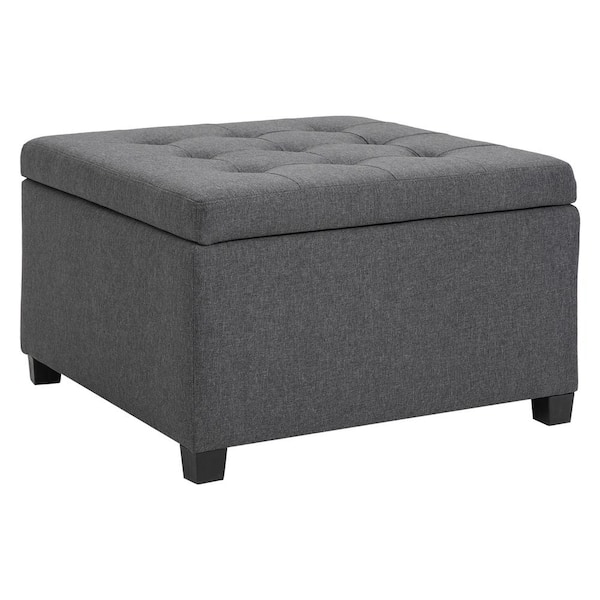 HOMCOM Fabric Tufted Storage Ottoman with Flip Top Seat Lid, Metal Hinge and Stable Rubberwood Legs, Grey