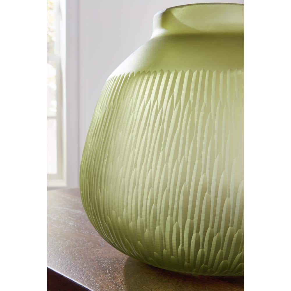 Olive Green Carved Glass Table Vase
