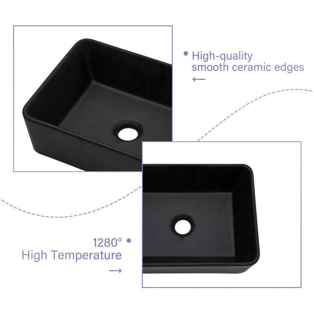 16" Black Ceramic Rectangular Vessel Bathroom Sink