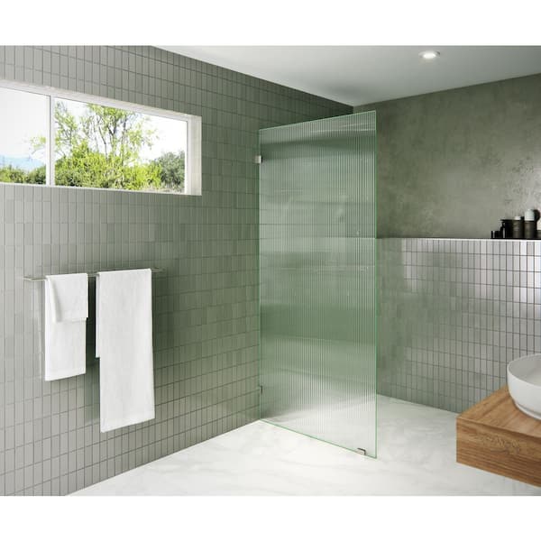 34 in. W x 78 in. H Fixed Single Panel Frameless Shower Door in Brushed Nickel with Fluted Frosted Glass