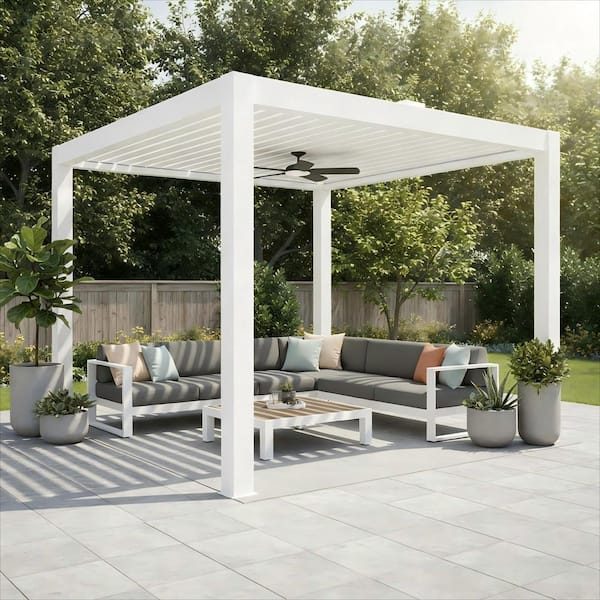Mondawe 10 ft. x 14 ft. White Aluminum Outdoor Solar-Powered Electric Louvered Pergola with Ceiling Fan and LED Lights