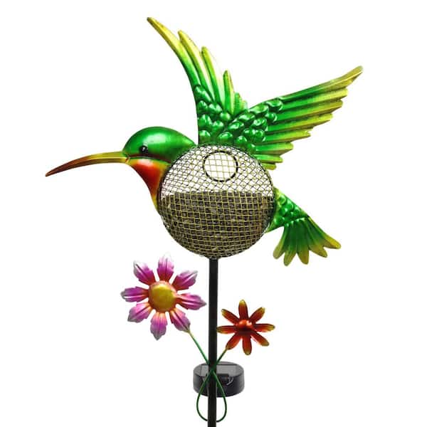 Exhart 3.02 ft. Green Metal Solar Hand Painted Hummingbird Mesh Pellet Bird Feeder Garden Stake