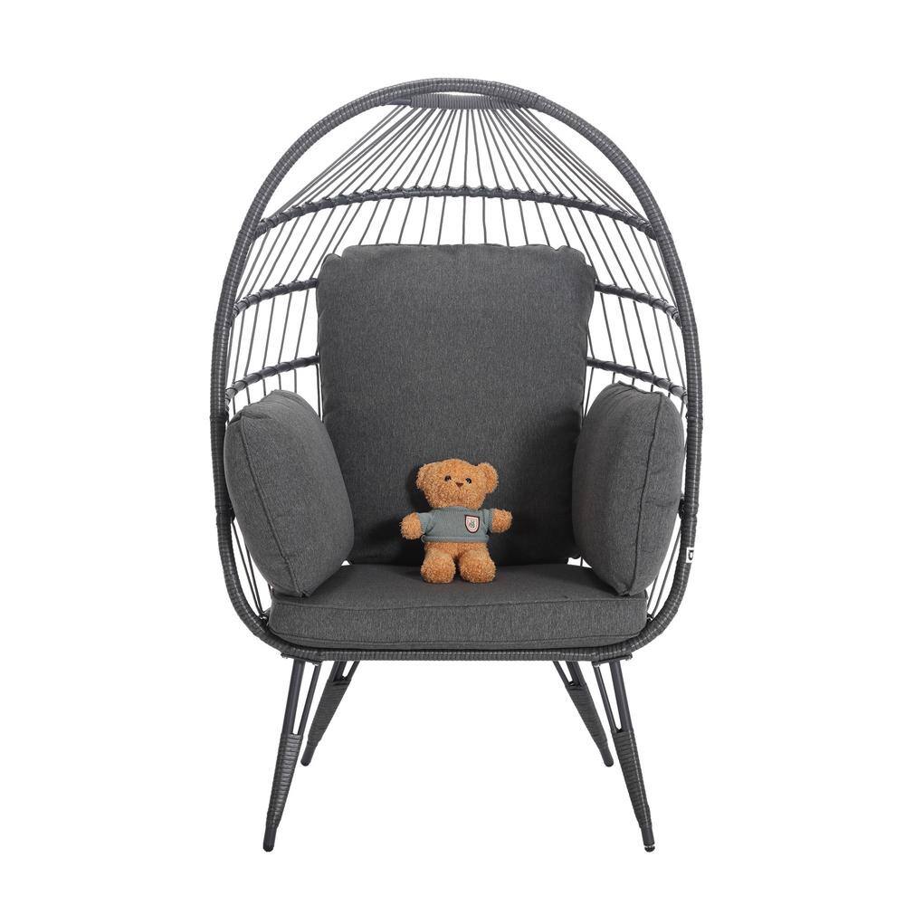 Wicker Outdoor Lounge Chair Oversized Egg Chair with Stand Gray Cushion Egg