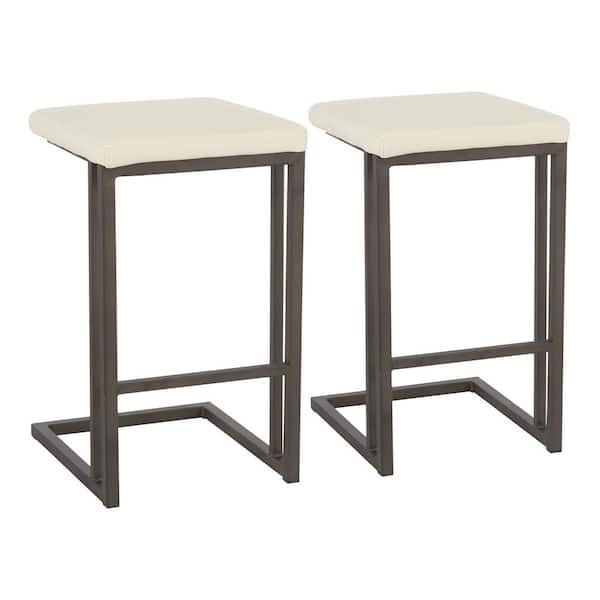 Lumisource Roman 26 in. Cream Faux Leather and Antique Metal Counter Stool (Set of 2)