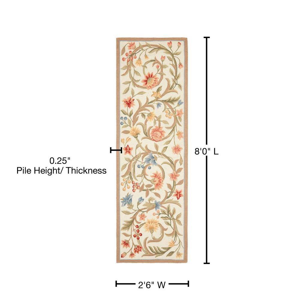 Ivory Floral Hand-Hooked Wool Runner Rug, 2'6" x 8'