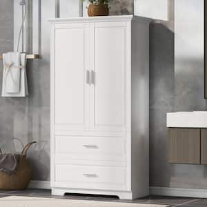 32 in. W x 15 in. D x 63.2 in. H White Linen Cabinet with Two Doors and Drawers Adjustable Shelf