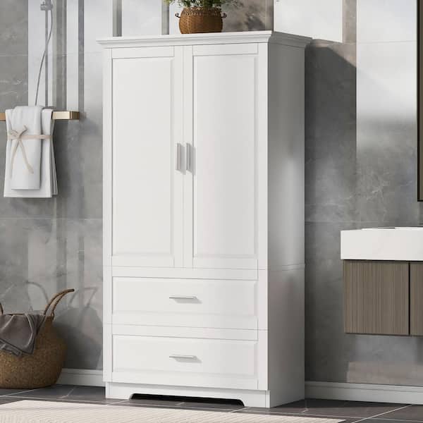 Unbranded 32 in. W x 15 in. D x 63.2 in. H White Linen Cabinet with Two Doors and Drawers Adjustable Shelf