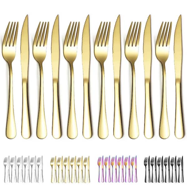 Gold Titanium Plated Stainless Steel Steak Knives and Dinner Forks Set, Dishwasher Safe (12-Piece)