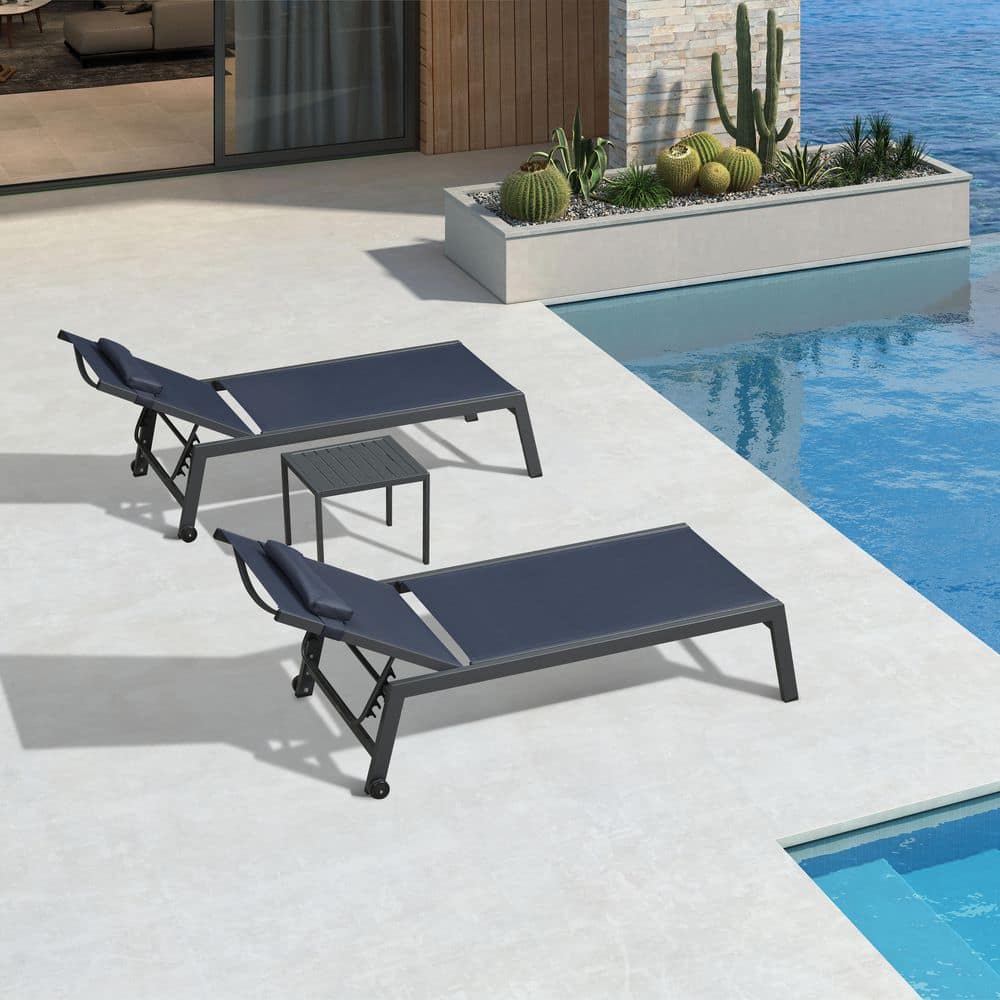 Oversize Black Frame Lounge of 3-Pieces Aluminum Outdoor Chaise Lounge with Cushion and Armrests, Navy Blue price history on PriceWatchPro