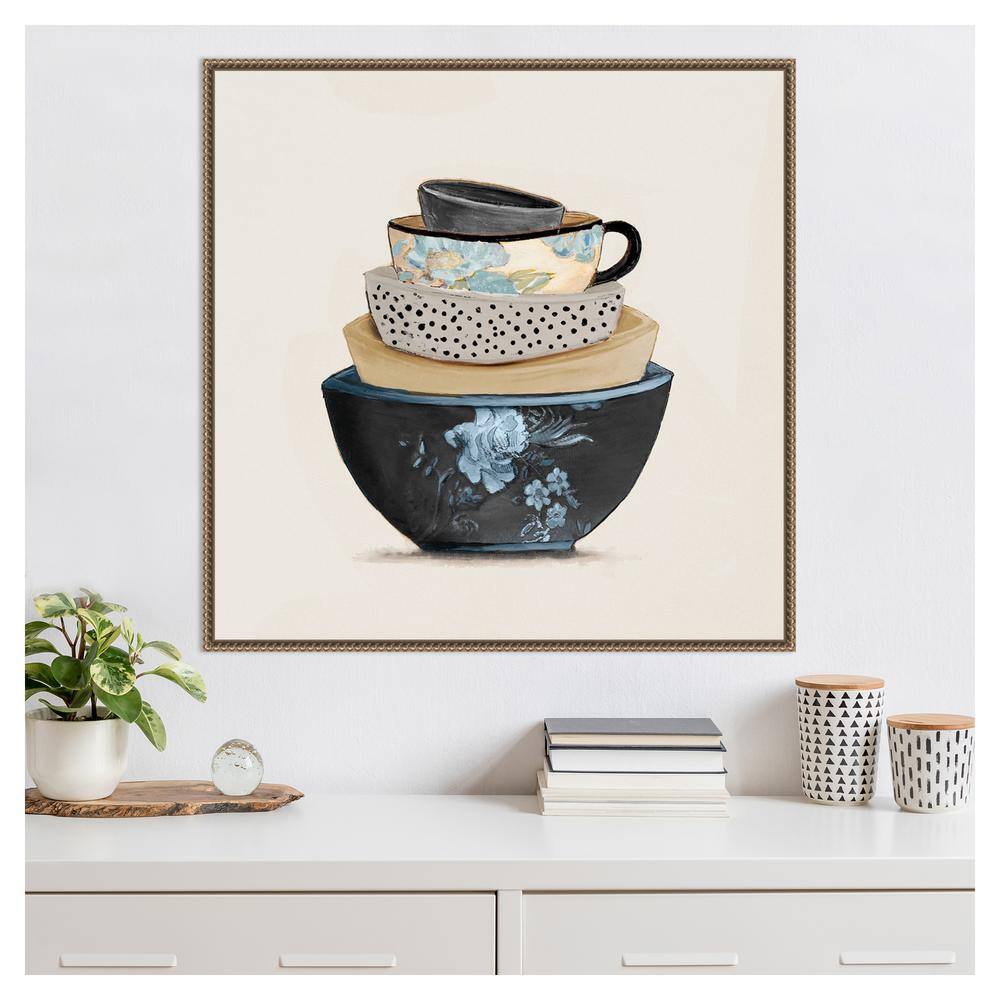 Stacked Blue and Beige Bowls Framed Canvas Wall Art